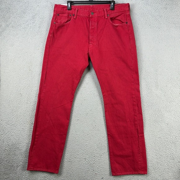 Levis 501 Jeans Straight Mens 36X32 Red Original Fit Button Fly Red Tab Pockets
